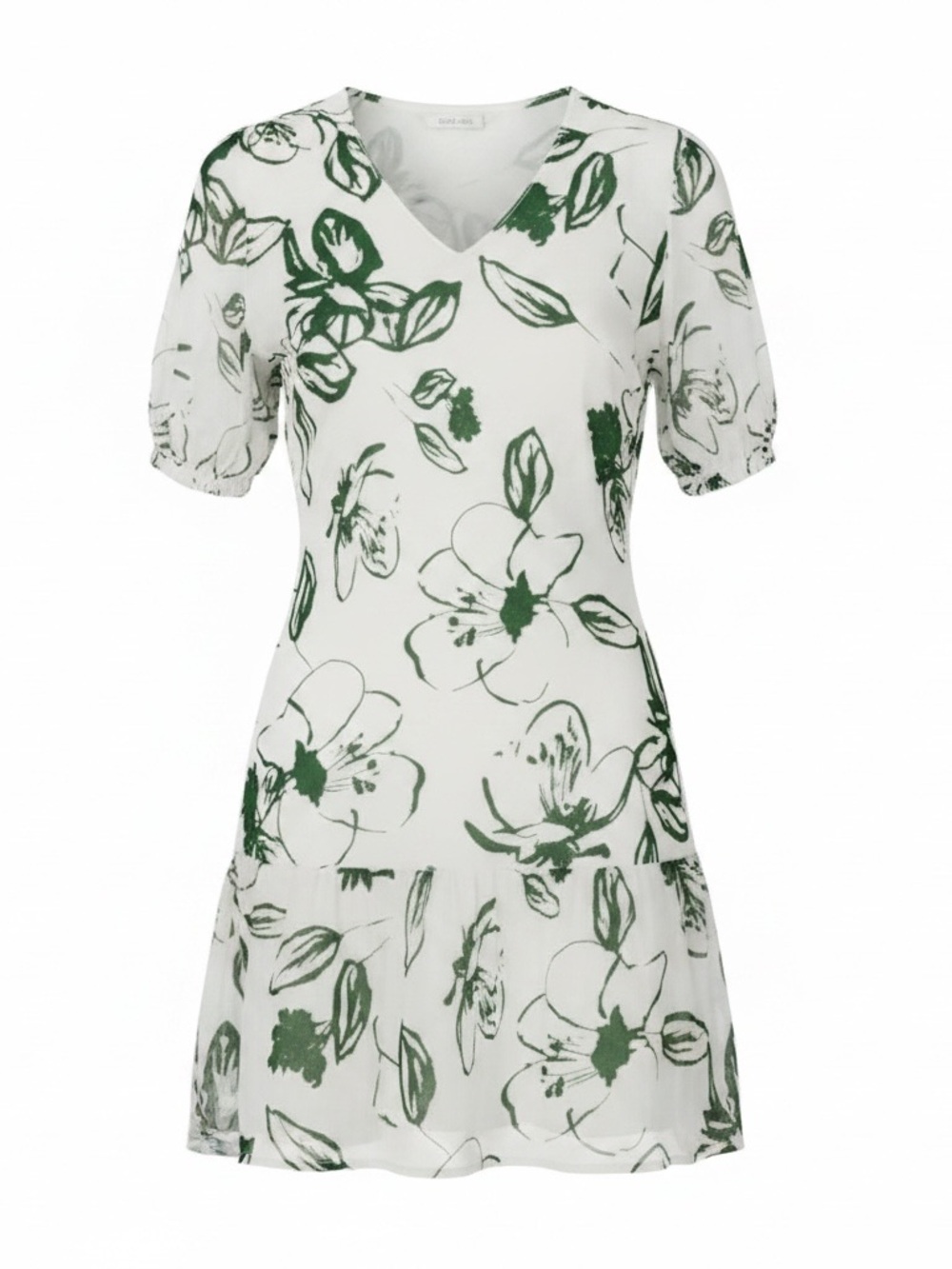 V-Neck White Mini Dress with Green Floral Sketch Print